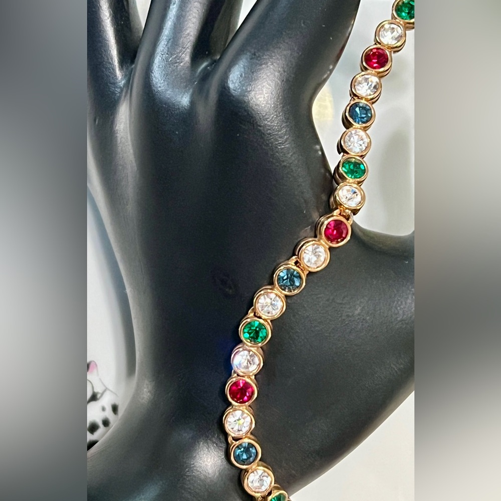 Gold Multi-Color Tennis Bracelet with Red, Green, Blue & Clear Stones